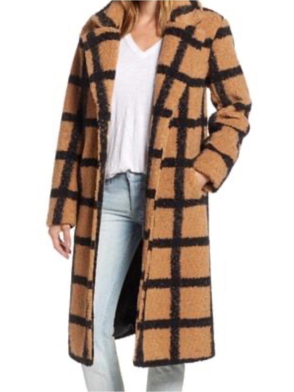 NVLT TEDDY Plush Plaid Long Coat in Camel & Black